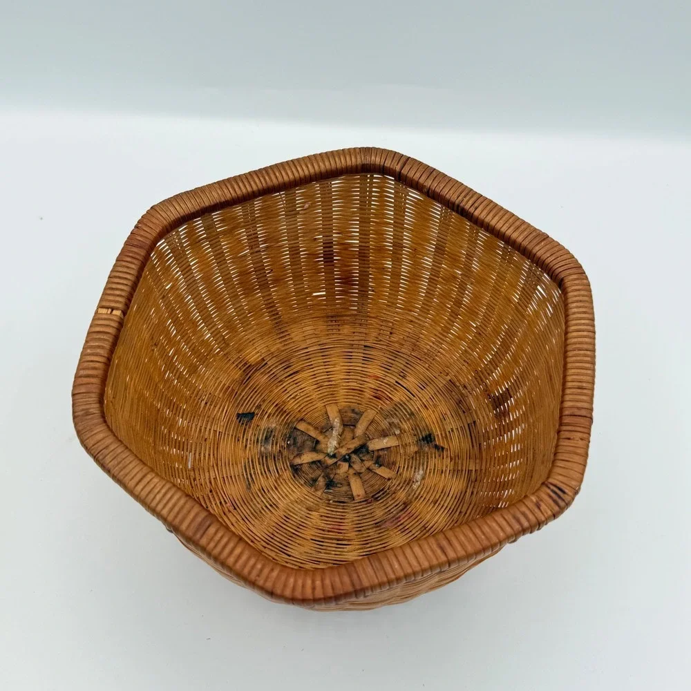 Vintage woven Wicker Basket Brown Boho Hexagonal Storage Decor Cottagecore